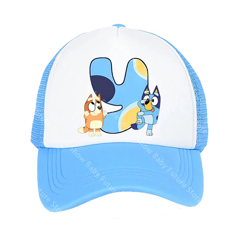 Blueys Baseballkappen für Erwachsene, Jungen und Mädchen, Kawaii-Buchstaben, zwei Größen, atmungsaktive Sport-Mesh-Mütze, niedlicher Cartoon-Anime-Sonnenhut, Geschenke