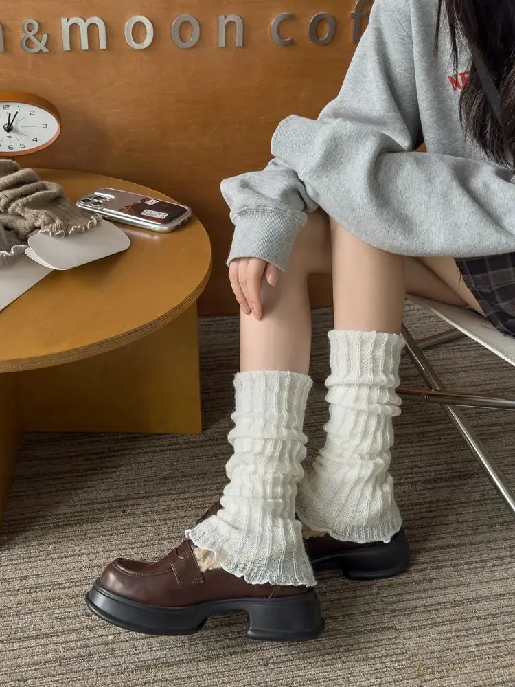 Herbst Winter Damen Beinwärmer Schwarz Weiß Gestrickte Fußabdeckung Lange Socken JK Japanische Mode Lolita Süße Mädchen Beinwärmer Neu