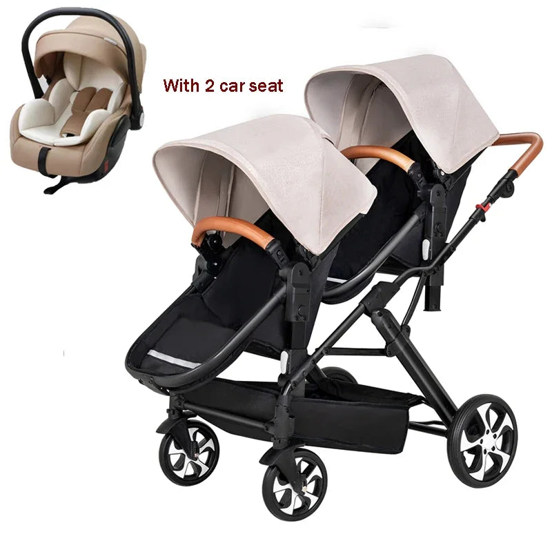 3-in-1-Zwillings-Kinderwagen mit Autositz für zwei Kinder, faltbar, stoßdämpfender Kinderwagen mit hoher Landschaft