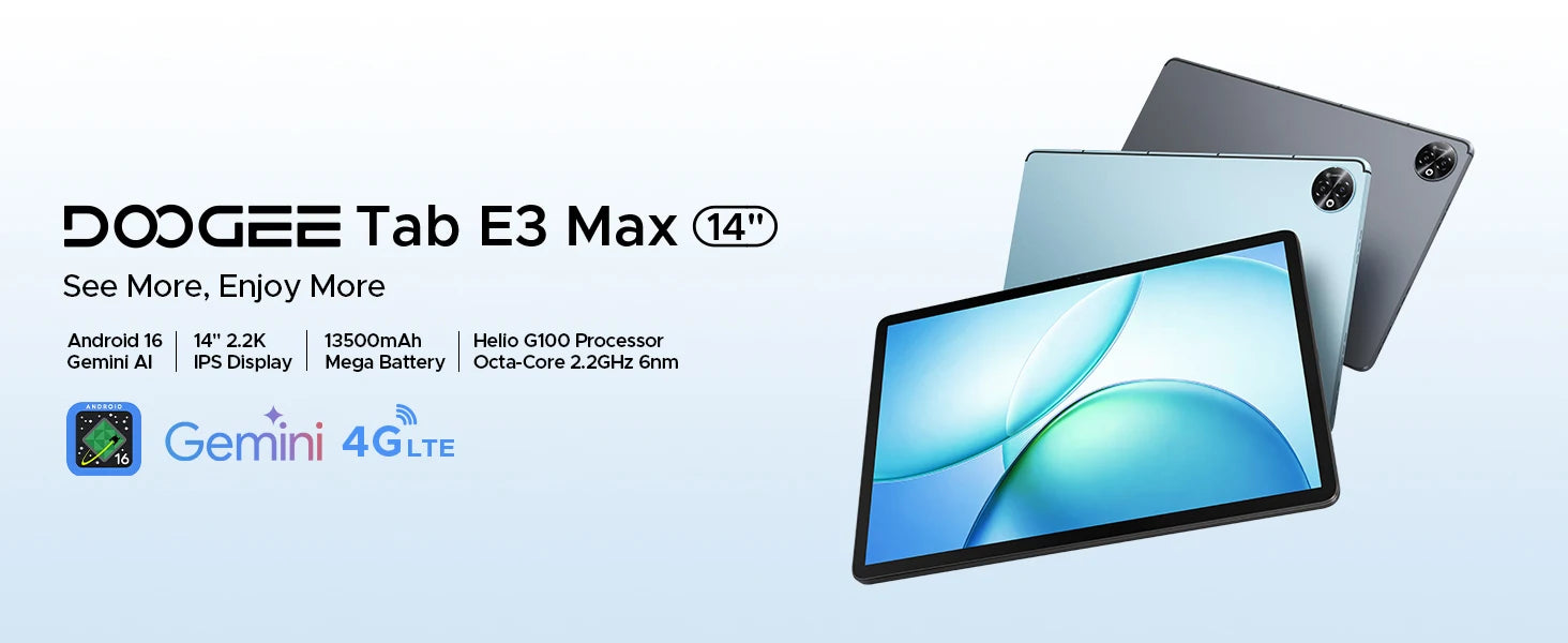 DOOGEE Tablet-PC 2-in-1 Tab E3 Max Gmini AI 14-Zoll-Bildschirm 2.2K Akku mAh Android 16 48GB (8 + 40) 256 GB Helio G100 AI Tablet