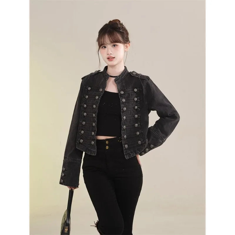 Damenbekleidung Kurzmantel Neue Jeansjacke Retro-Knopfdesign Schlanker Stehkragen Lange Ärmel Jeansoberteil Jacke Kurzmantel
