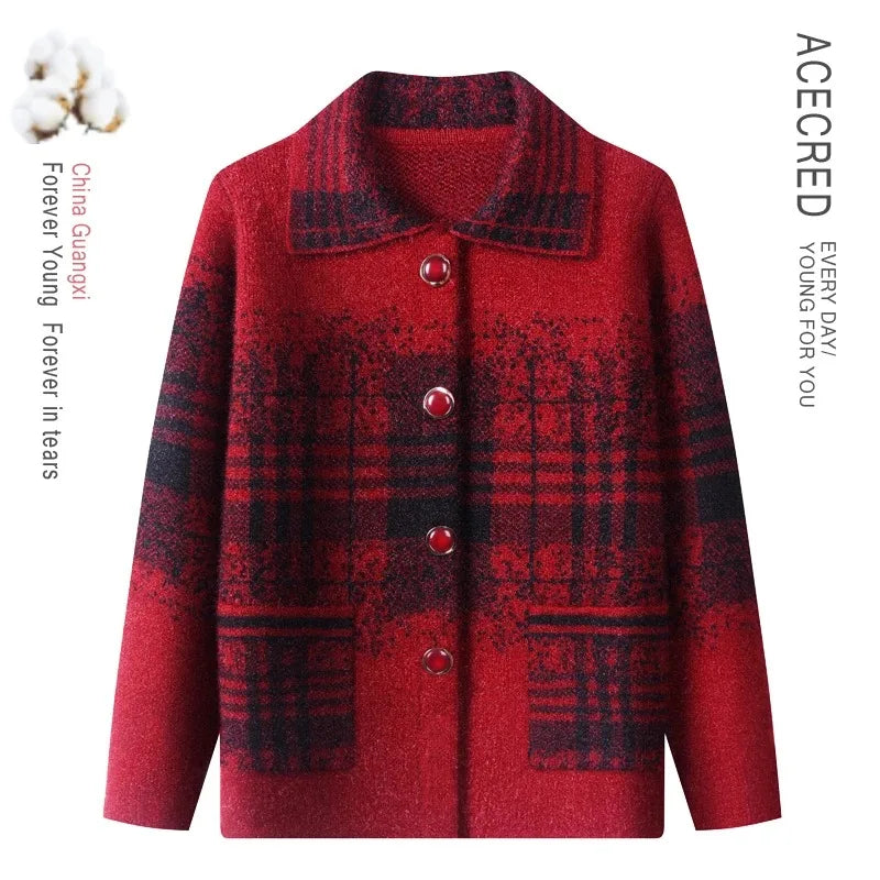 Strickjacke für Ältere Frauen mit Umlegekragen, Karomuster, Dick, Warm, mit Knöpfen, Wintermantel für Mütter und Großmütter