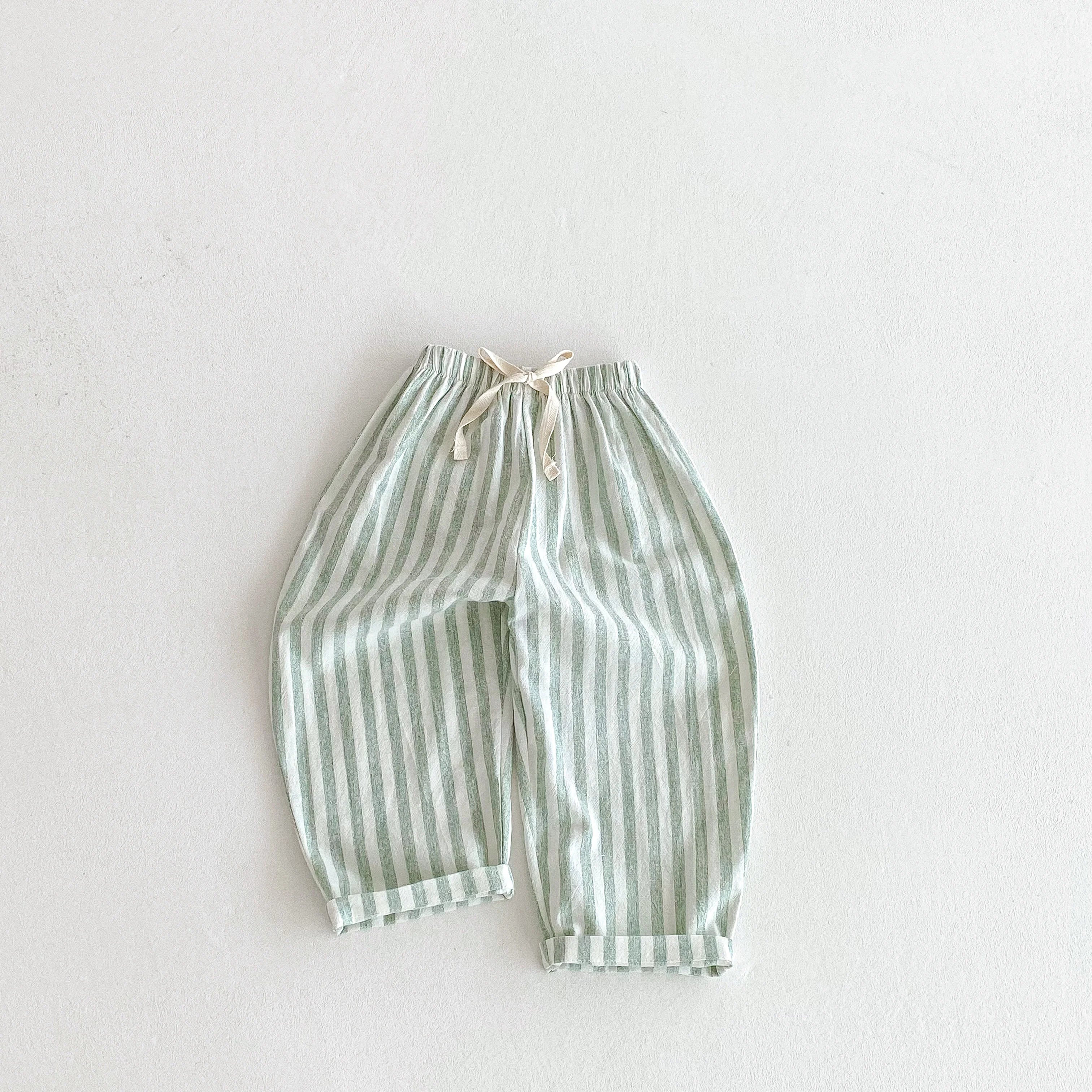 Frühling Sommer Jungen Gestreifte Weite Hosen Baby Mädchen Vintage Lässige Leinen-Baumwoll-Harlan-Hosen Kinder Schnürhose Kinderkleidung