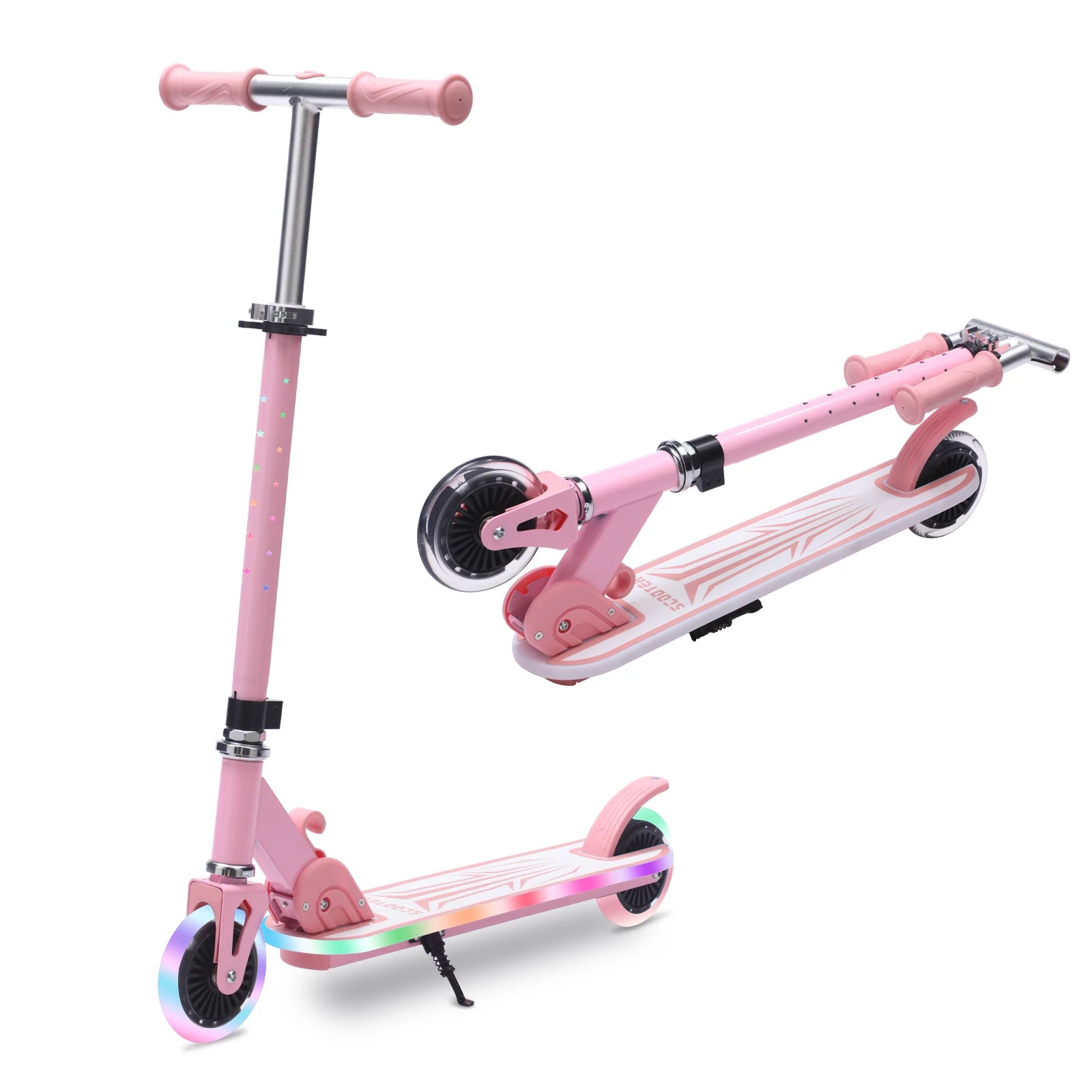 Kinderroller mit Ein-Klick-Faltmechanismus, 4-fach verstellbarer Lenker 75-90cm, Hinterradbremse, bunte Leuchträder & Pedale, 4,34-Zoll-Reifen