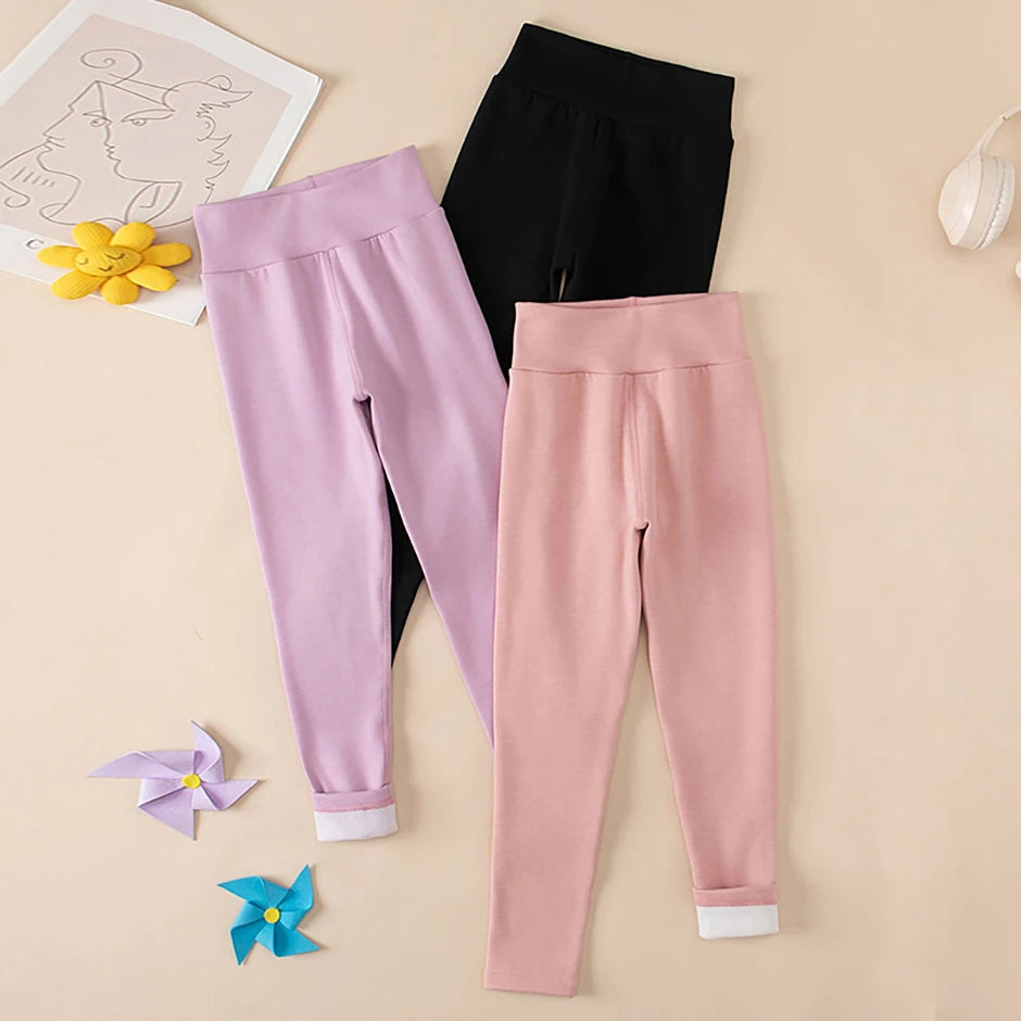 3/1-teiliges Set für Herbst und Winter, Kinder, einfarbig, mittelhohe Taille, dicke Leggings, Jungen und Mädchen, Fleece, warme Freizeithose
