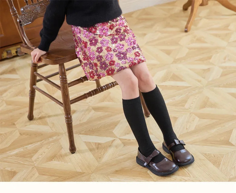 Mädchen Paillettenrock Blumenmode A-Linie Kurzer Rock für Kinder bestickt Elegante Prinzessin Herbst Winter Teen Kinder Kostüme