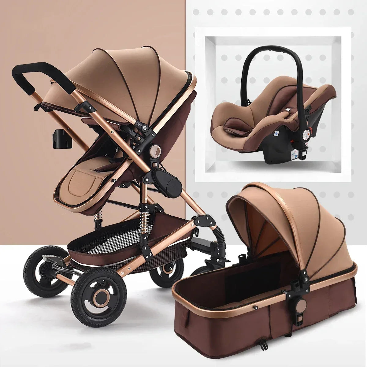 3-in-1-Kinderwagen, klappbar, beidseitig nutzbar, für alle Jahreszeiten, Kinderwagen, Babykutsche, hohe Sitzposition, für Neugeborene, Reisen