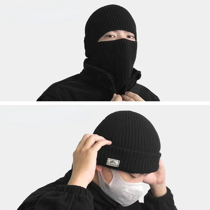 2-in-1 Winter-Maskenmütze Warme Strickmütze Winddichte Einfarbige Vollgesichts-Skimaske Taktische Fahrrad-Ohrenwärmer-Kappe