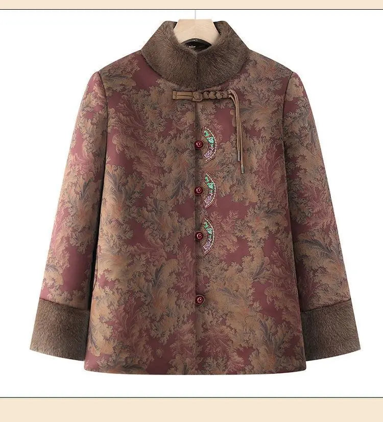 Damenmantel im chinesischen Stil mit Blumenmuster, gefüttert mit Fleece, aus Baumwolle, dicker Wintermantel, Tang-Anzugjacke für ältere Damen, Mütter und Großmütter.