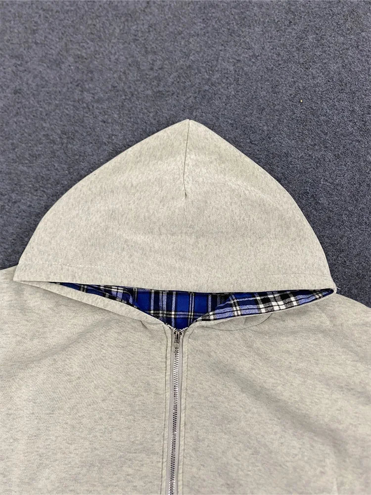 Winter Casual Karierter Hoodie für Damen, Warmer Reißverschluss-Sweatshirt, Beidseitig Tragbar, Modisch Trendy, Locker Geschnittener Kapuzenpullover
