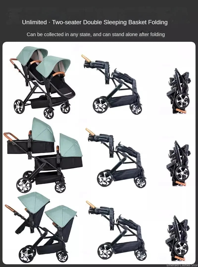 3-in-1-Zwillings-Kinderwagen mit Autositz für zwei Kinder, faltbar, stoßdämpfender Kinderwagen mit hoher Landschaft