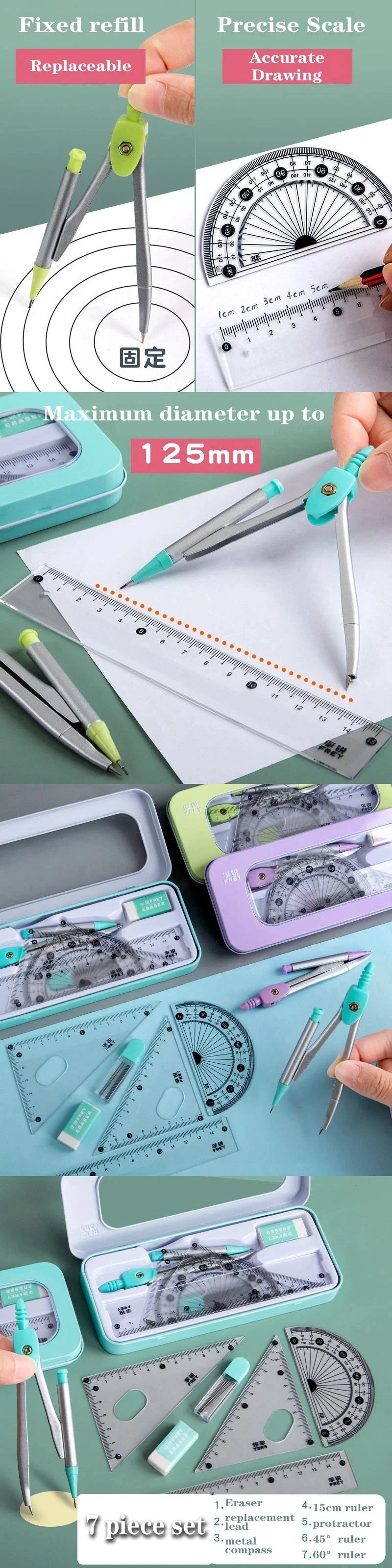 7-teiliges Kompass- und Lineal-Set, dreieckiges Lineal, Winkelmesser, Gummi, für Studenten, Prüfungen, spezifisches Lineal, Box-Set, Lineal-Set, Schule beginnt