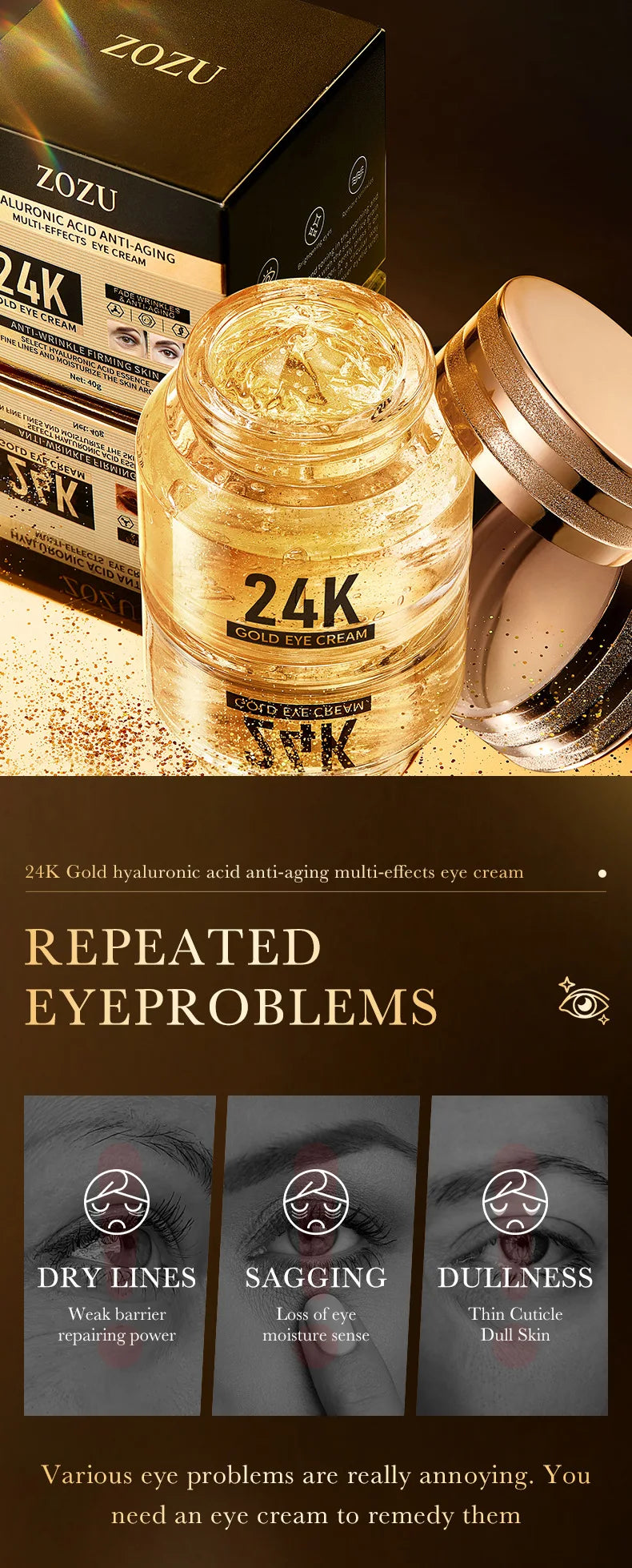 24k Gold Hyaluronsäure Augencreme Anti Augenringe Tränensäcke Straffende Feuchtigkeitsspendende Augen Hautpflege Produkte