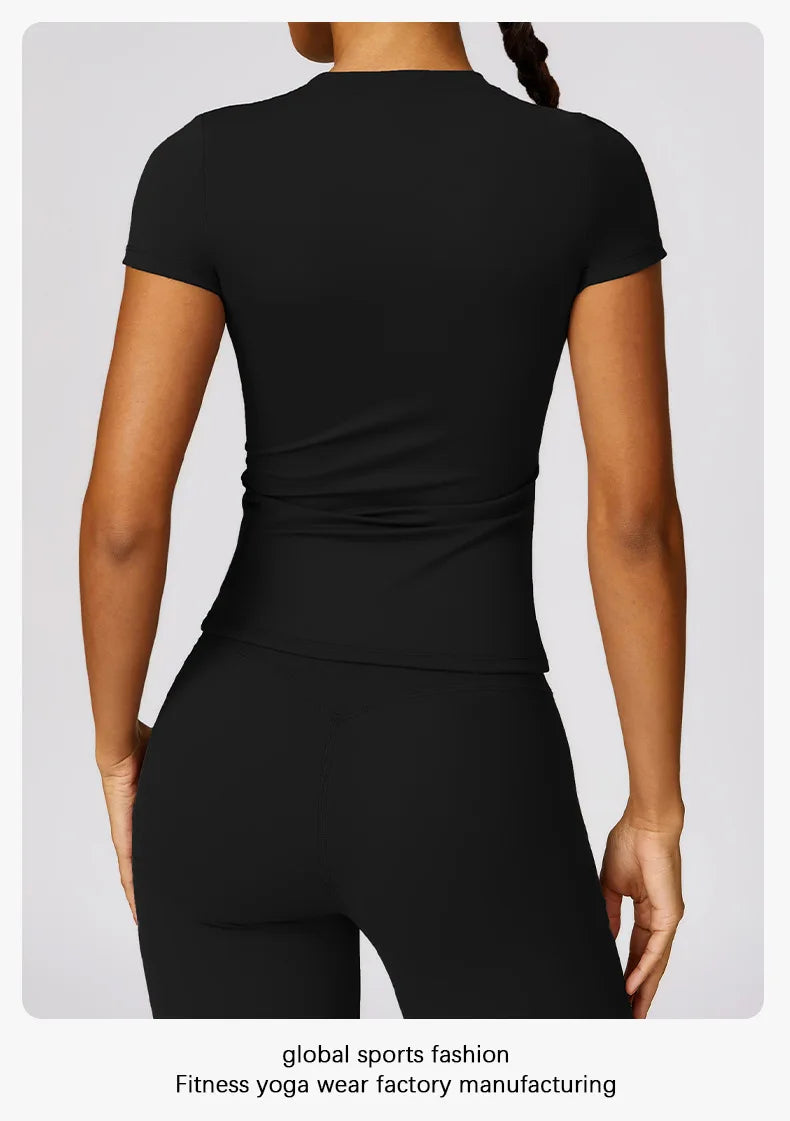 Damen-Sport-T-Shirt, Sommer, kurzärmelig, Laufen, Rundhalsausschnitt, atmungsaktiv, dehnbar, Fitnessstudio, Yoga, schlank, Fitness, aktives Top-T-Shirt