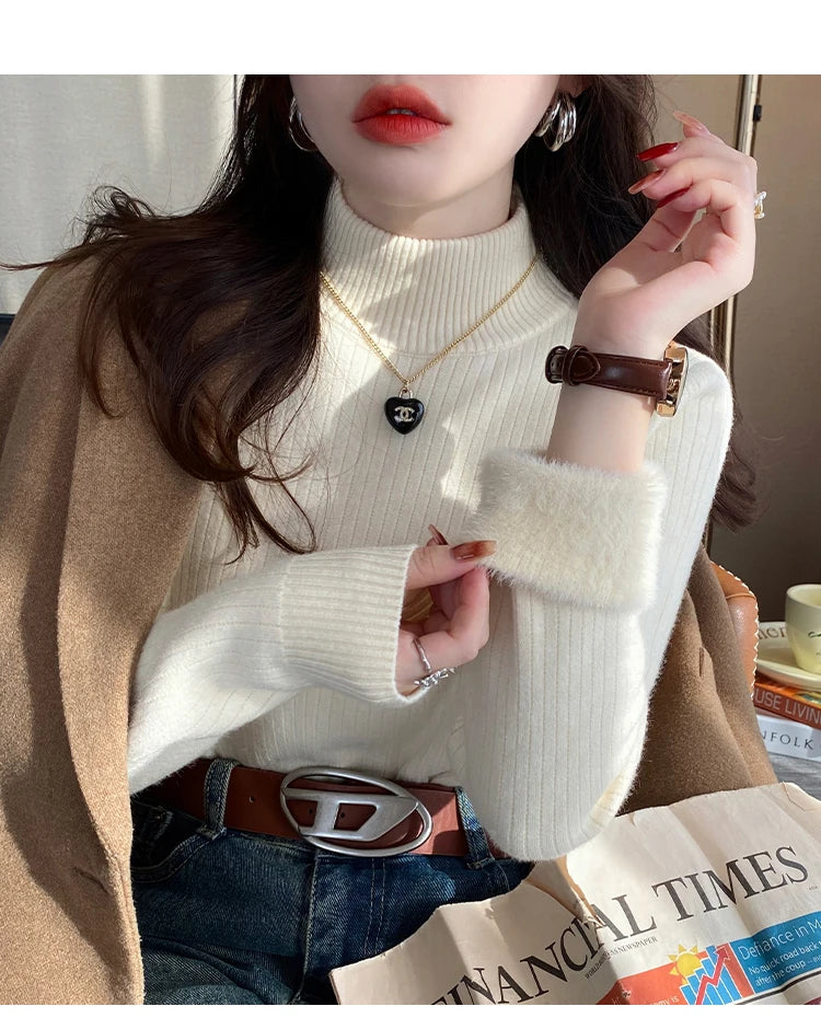 Damen Rollkragenpullover Winter 2026 Retro mit Samtfutter Verdicktes Thermounterhemd Strickpullover