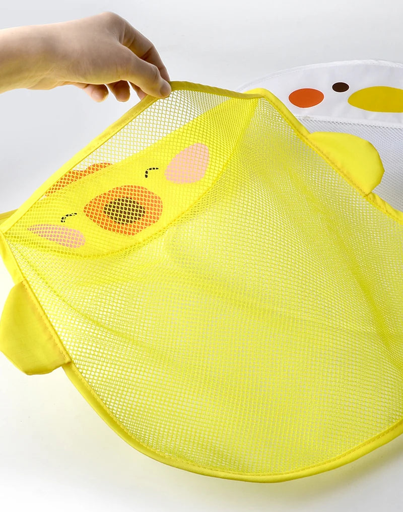 QWZ Neue Cartoon Ente Baby Badezimmer Mesh Tasche Sucker Design Für Bad Spielzeug Kinder Tier Formen Tuch Sand Spielzeug Lagerung Net Tasche