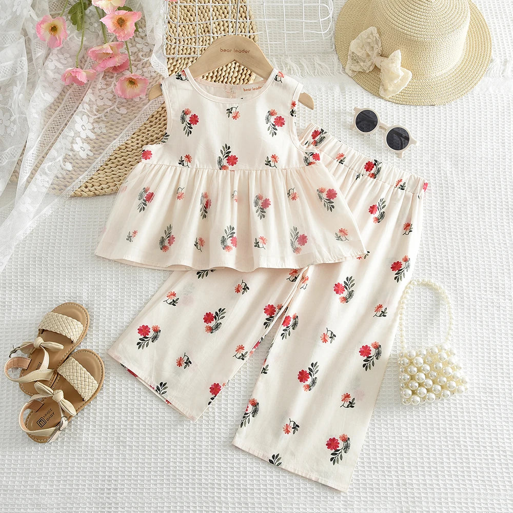 Bear Leader Baby-Mädchen-Freizeitkleidung, Rundhalsausschnitt, ärmelloses Polka-Dot-Oberteil + Hose mit weitem Bein, 2-teiliges Set mit Schleife und Knopf