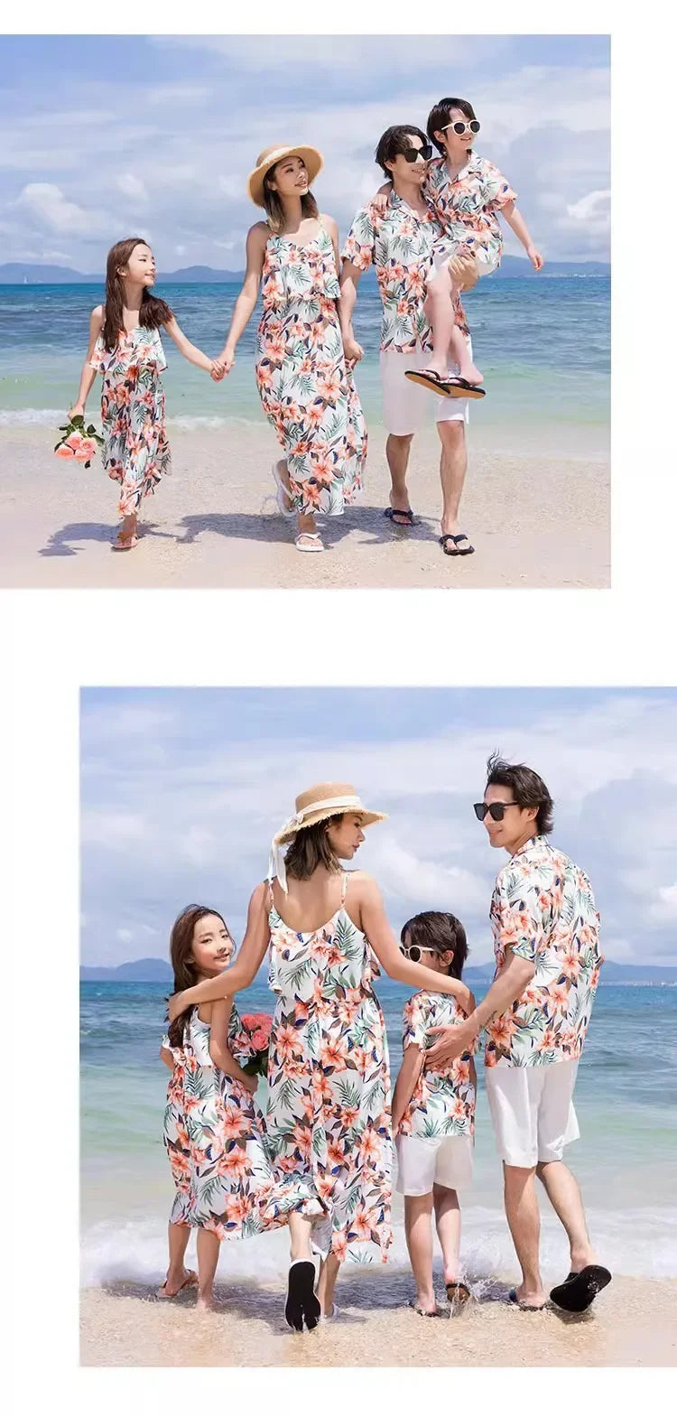 Family Look Vacation Beachwear Mother Daughter Sleeveless Dress Dad Son Matching Floral Shirt Set Parent-Child Holiday Outfits
