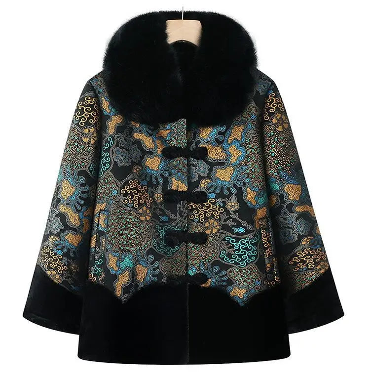 Chinesischer Stil, floraler, mit Fleece gefütterter Mantel für ältere Frauen, Kunstpelzkragen, Tang-Anzug, warme Winter-Oma-Oberbekleidung