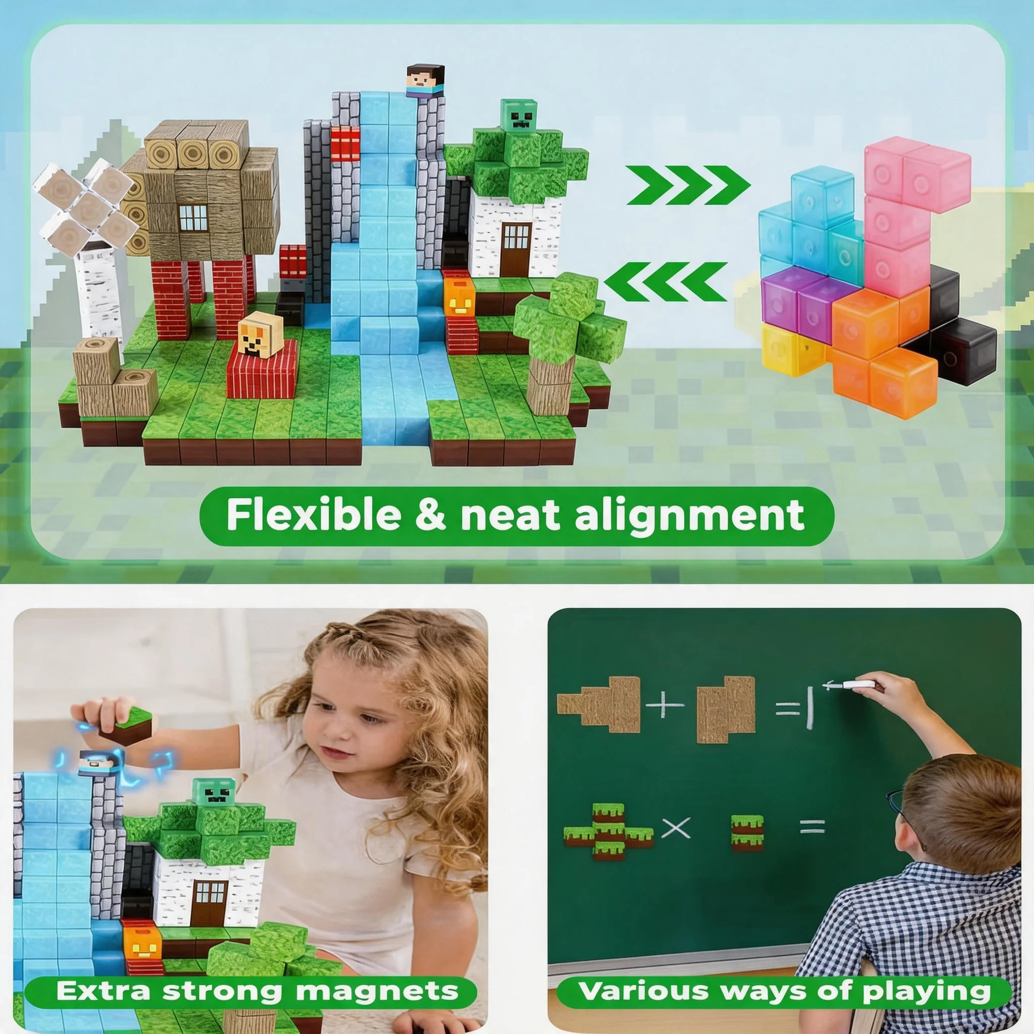 Pixel Mining Magnetisches Waldhaus-Würfel-Baustein-Set, STEM Lernspielzeug, Bestes Geschenk für Kinder ab 3 Jahren, 100 Teile