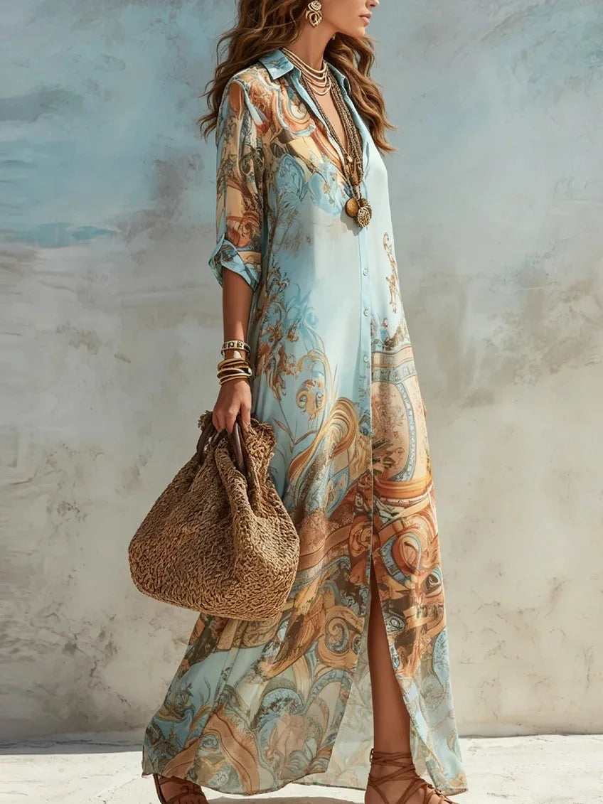 Elegantes Hemdkleid für Damen, Chiffon, Digitaldruck, Umlegekragen, einreihig, fließend, lässig, Boho, Sommerkleidung