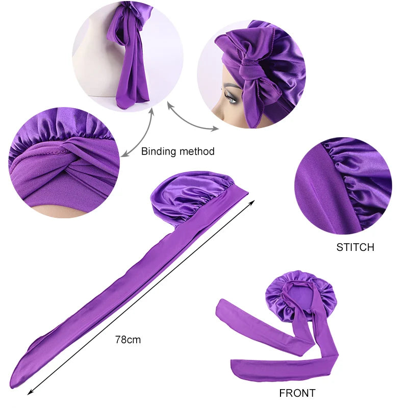 Neue Satin Schlafmütze Für Frauen Feste Breite Band Stretch Kopf Krawatte Seidige Motorhaube Rand Wrap Schlummertrunk Haarpflege Dusche Kopf Abdeckung