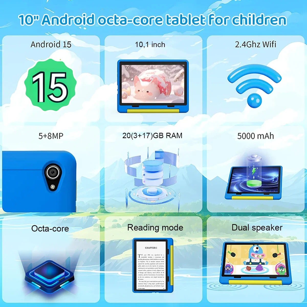 URAO 10 Zoll Android 15 Tablet mit Cartoon-Muster Kinder-Tablet 20GB RAM 64GB ROM Lern- und Spiele-Tablets Kindergeschenke