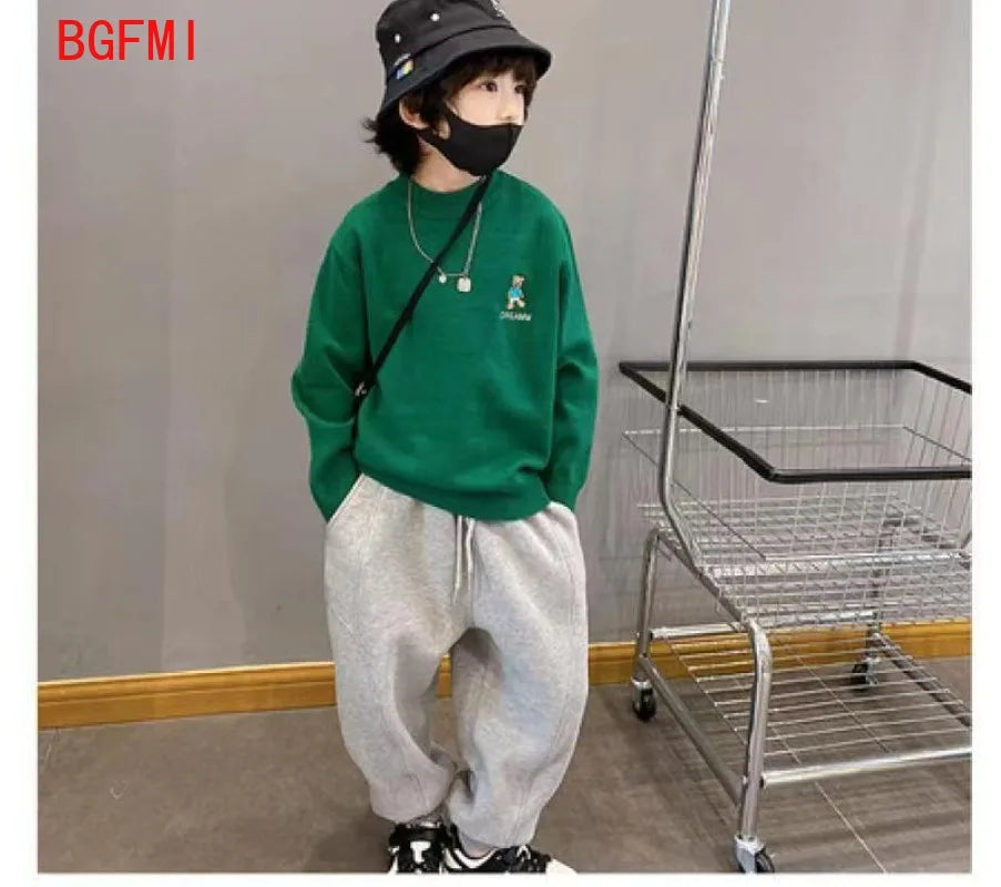 4-12Y Frühling Herbst Kinder Einfarbig Lose Sweatpant Teen Jungen Knöchel Länge Hose Winter Jogger Junge Elastische Taille Sport hosen