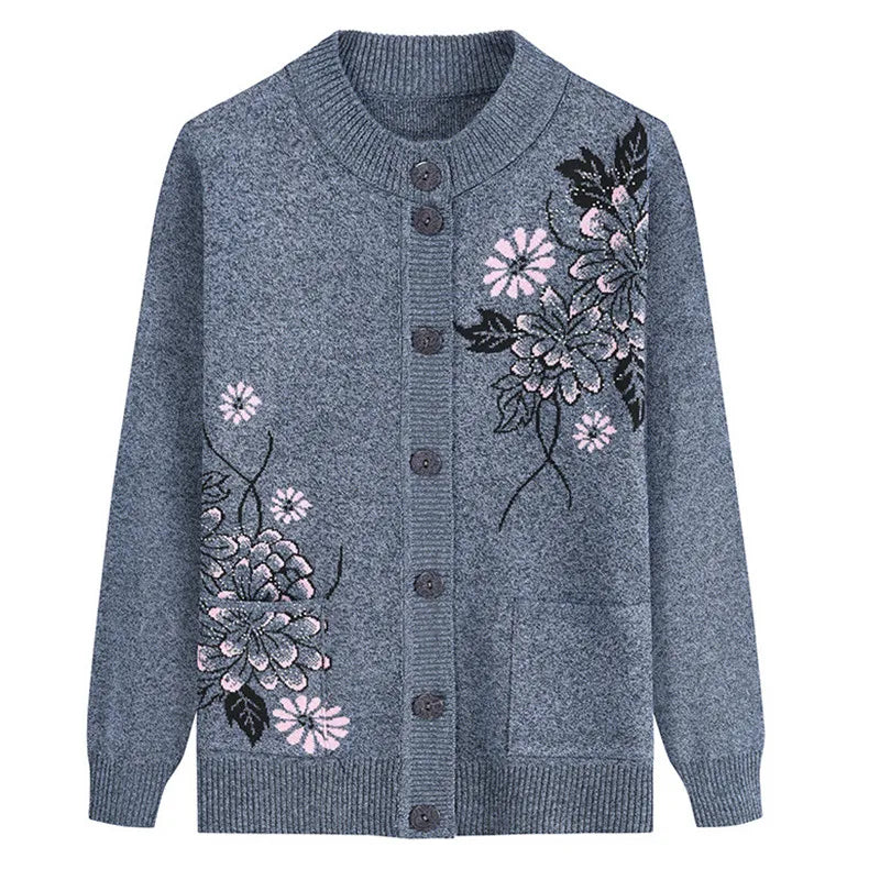 Neue Druck Mittleren Alters Mutter der Frühling Herbst Langarm Pullover Frauen Gestrickte Bodenbildung Shirt Wolle Winter Oma Strickjacke