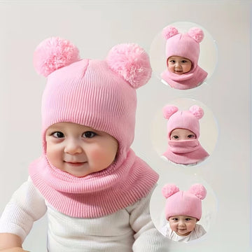 Einteilige Wintermütze für Kinder mit Kapuze, ausgestattet mit Ohr- und Nackenschutzgeräten, für Wärme. Doppelkugel-Strickmütze