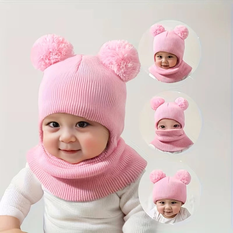 Einteilige Wintermütze für Kinder mit Kapuze, ausgestattet mit Ohr- und Nackenschutzgeräten, für Wärme. Doppelkugel-Strickmütze