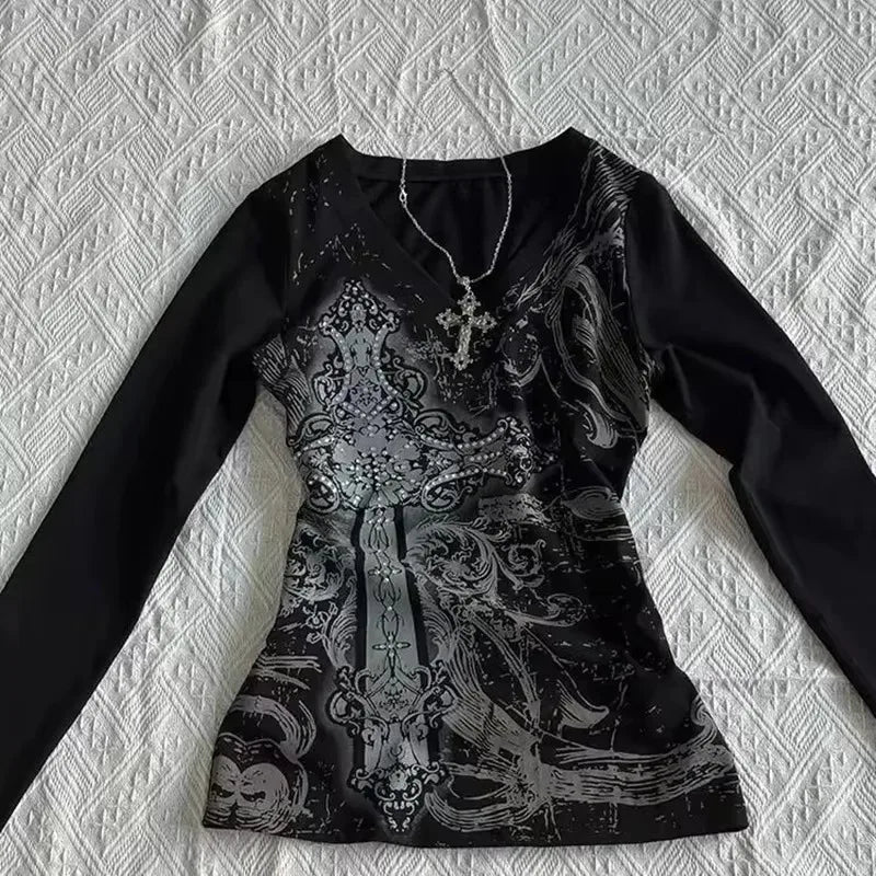 Koreanische Y2K-Stil Autumn-Winter-new Langarm-Top-Print Women Langarm-Top-T-Shirt daily Package