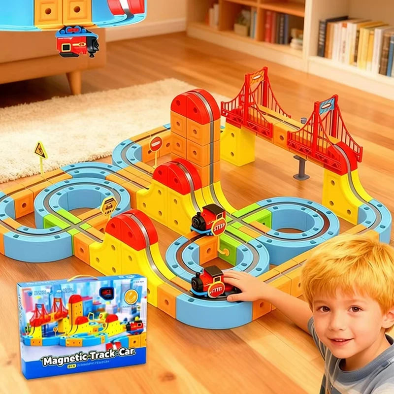 Magnetisches Elektrisches Eisenbahnset Magische Schienenbahn DIY Würfelspielzeug Kreatives Lernmodell Eisenbahnautos Spielzeug Geschenke für Kinder Jungen ab 3 Jahren