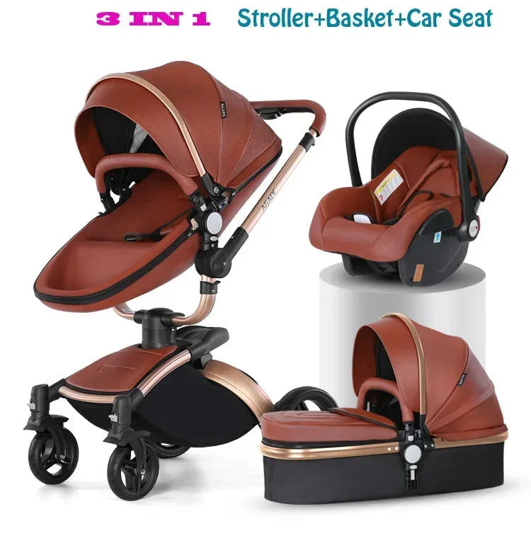Kinderwagen 3in1 mit abnehmbarem Korb im Autositz. Hochformatige Eierschale aus PU-Leder, Babywagen, Luxuswagen für Babyautos