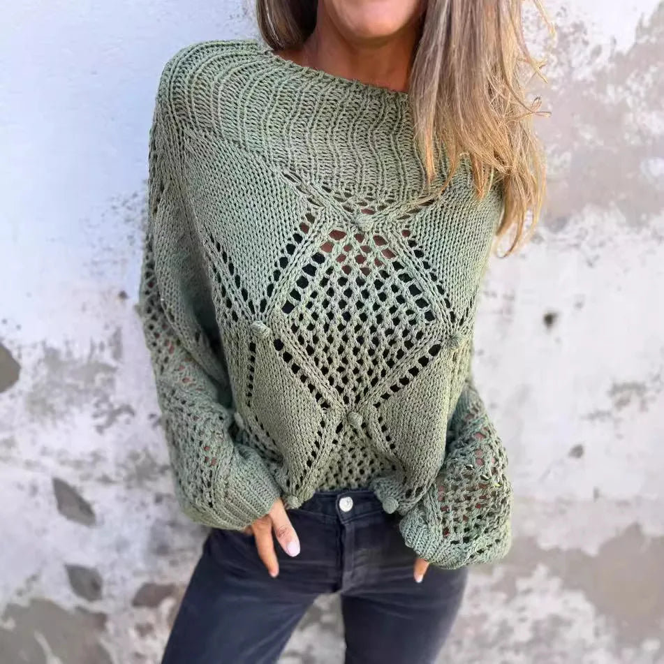 Hohl Einfarbig Langarm Gestrickte Rundhals Lange Vielseitige Pullover Herbst Pullover Damen Roupas De Inverno Feminina Mulher