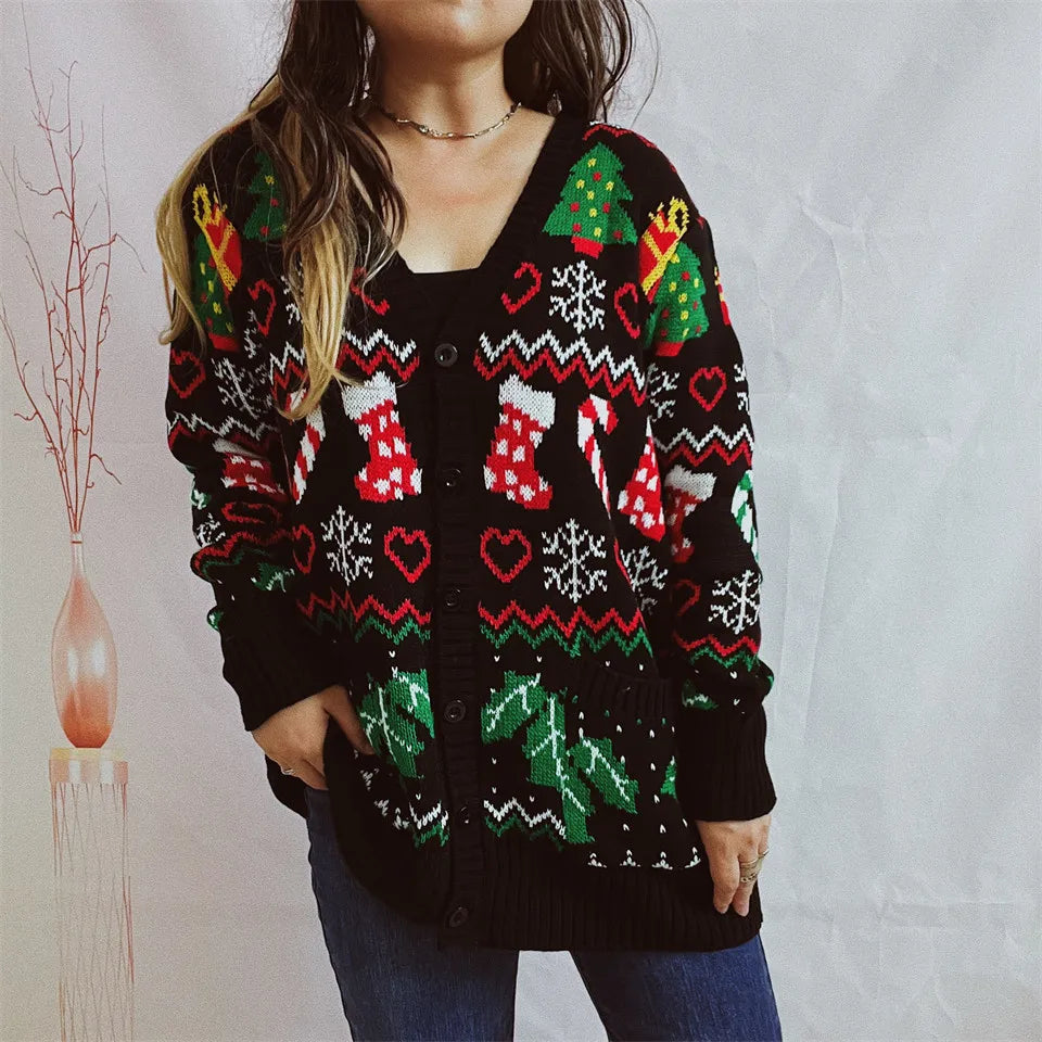 Frauen Herbst Modus 2025 Weihnachten Themed Gedruckt Strickjacke Mit Knöpfen V-ausschnitt Mit Langen ärmeln Pullover Strickjacke Mujer Abbigliamento Donna