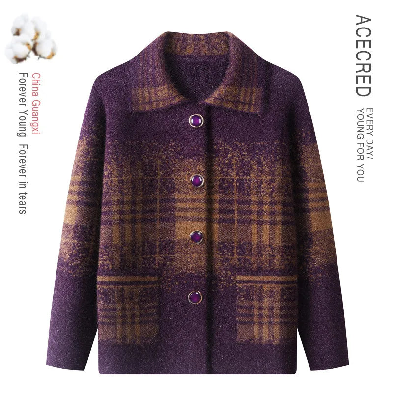 Strickjacke für Ältere Frauen mit Umlegekragen, Karomuster, Dick, Warm, mit Knöpfen, Wintermantel für Mütter und Großmütter