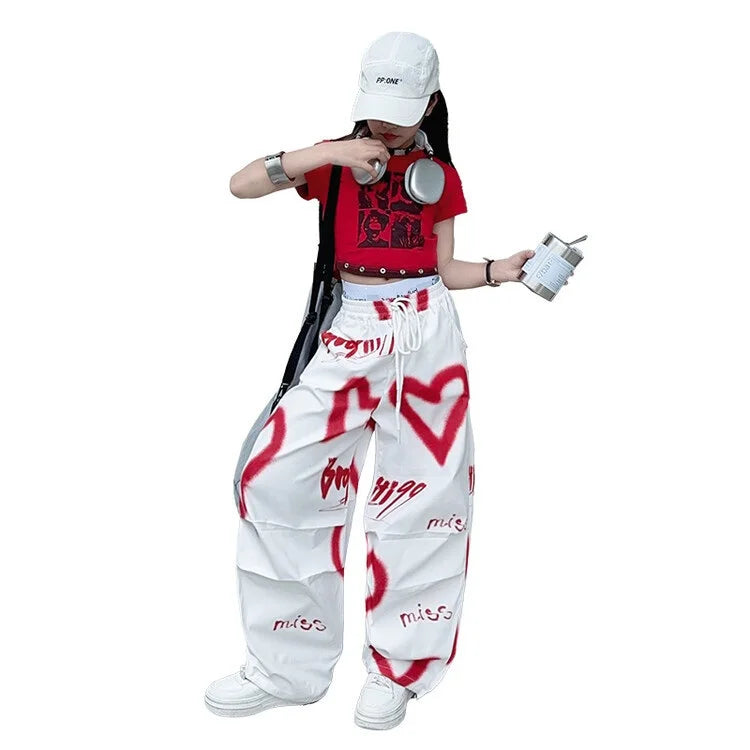 2026 Herbst Winter Teenager Trainingsanzug Mädchen Kleidung Herz Graffiti 1-teiliges T-Shirt Crop Top oder Lange Weite Hose Kinder 4 8 9 10 12 14 Jahre