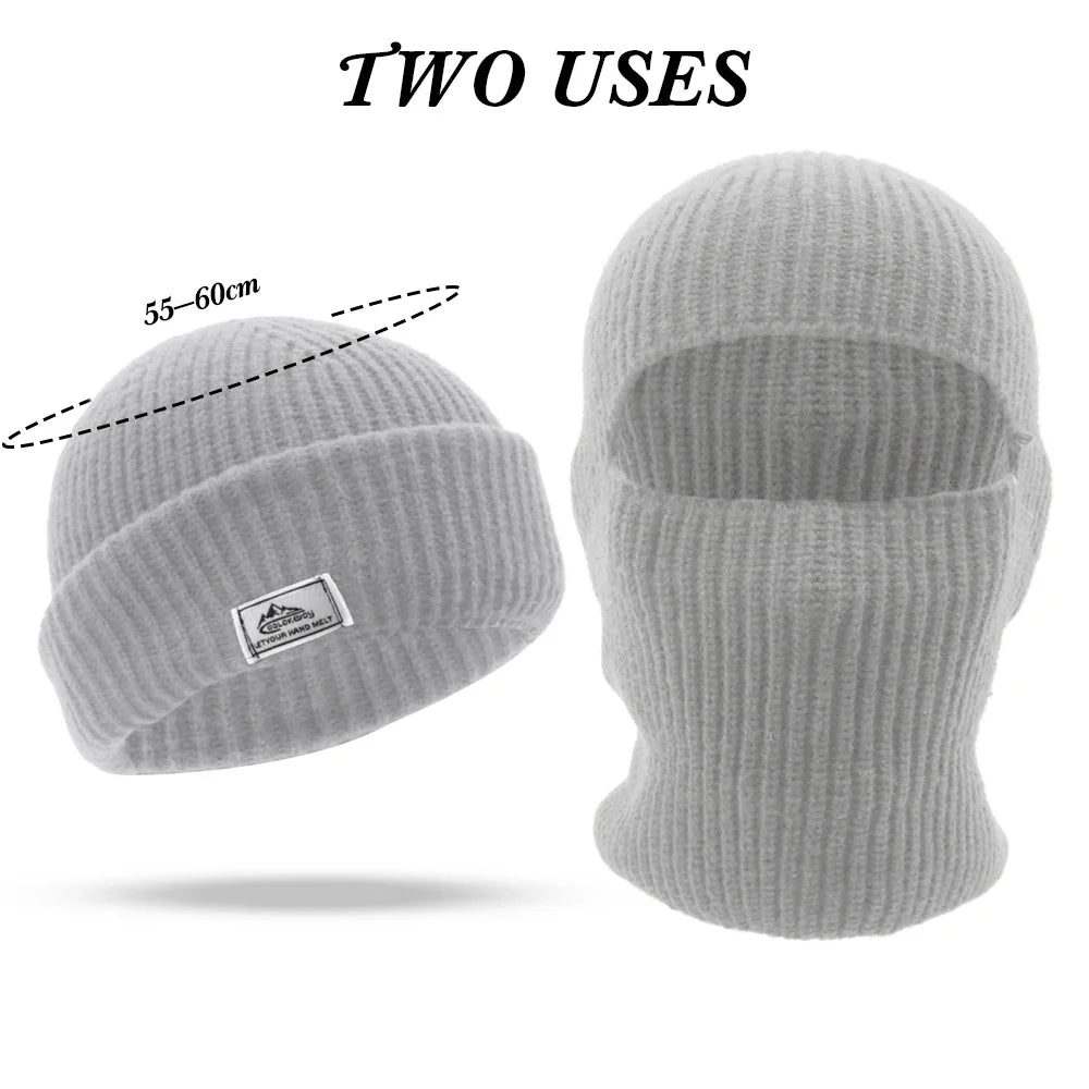 2-in-1 Winter-Maskenmütze Warme Strickmütze Winddichte Einfarbige Vollgesichts-Skimaske Taktische Fahrrad-Ohrenwärmer-Kappe