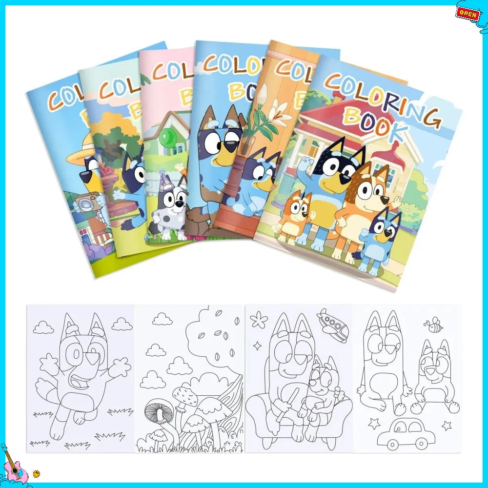 12er-Set Bluey Blue Dog DIY Malbuch für Feiertage und Partys, farbenfrohes Stoff-Zeichenbuch, halbierbares Bilderbuch, Graffiti-Malbuch