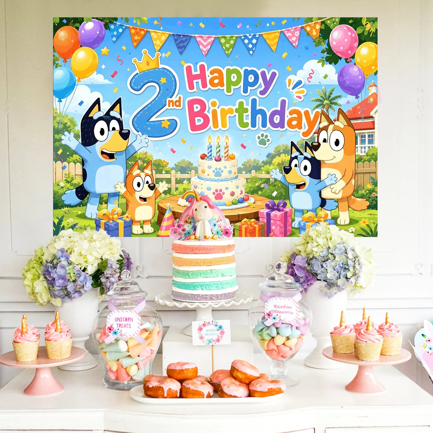 Kinder 2 Jahre Geburtstag Stoff-Hintergrund Bluey Themenparty Cartoon-Dekoration Kuchen Ballons Flaggen Geschenke Fotowand Kinderparty