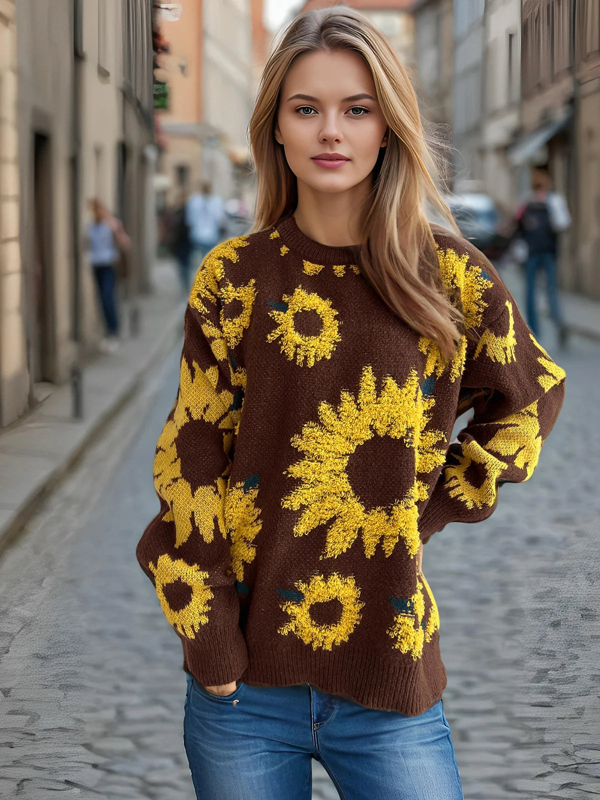 Damen Herbst Pullover Damen Mode Rundhalspullover mit Blumendruck, vielseitig einsetzbar für Herbst und Winter Herbst Pullover Damen