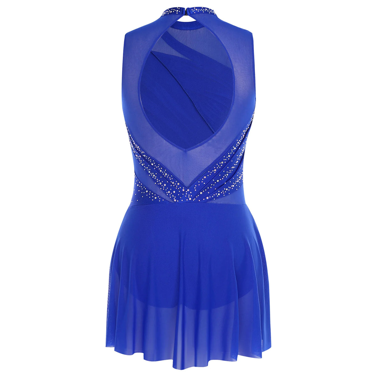 Damen-Ballettkleid mit Rüschen, lyrisches Tanzkleid, runder Kragen, ärmellos, Strass, rückenfrei, für Bühnenauftritte, Wettbewerb