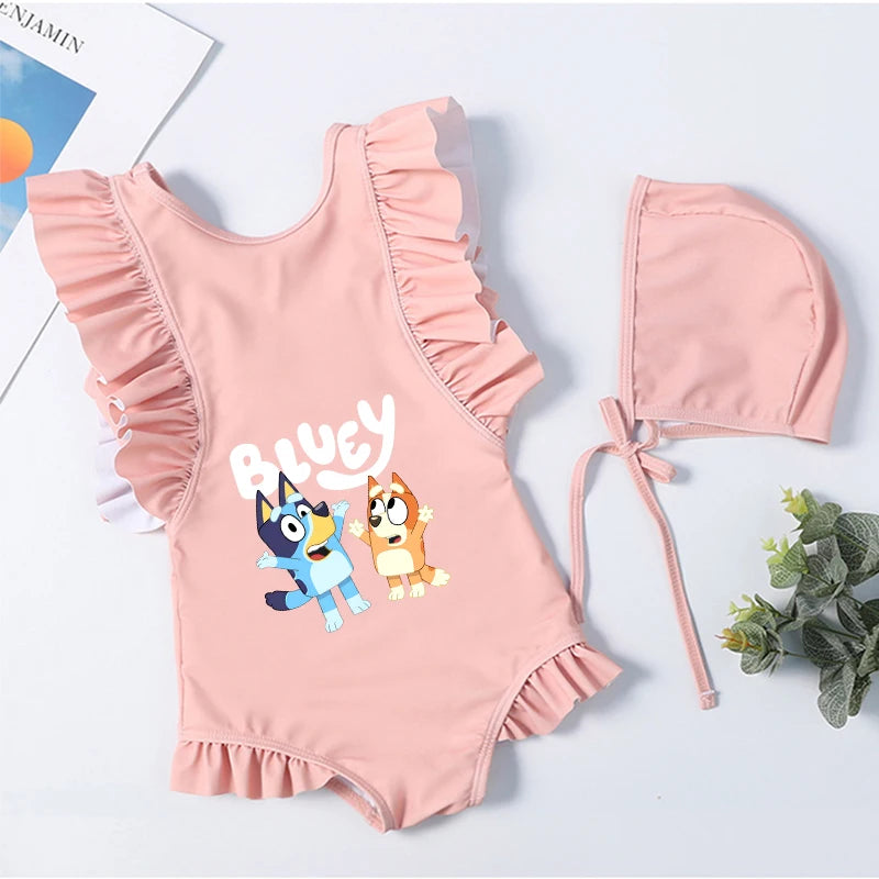 Cartoon Bluey Mädchen Sommer-Badeanzüge Kinder Einteilige & Bikini-Sets mit Badekappe Strandkleidung Bademode für Kinder