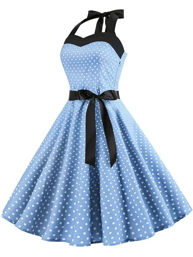 Frauen Polka Dot Print Sommer Kleid Sexy Retro Weiß Halter Vintage Kleid Robe Femme Pin Up Rockabilly Party Kleid