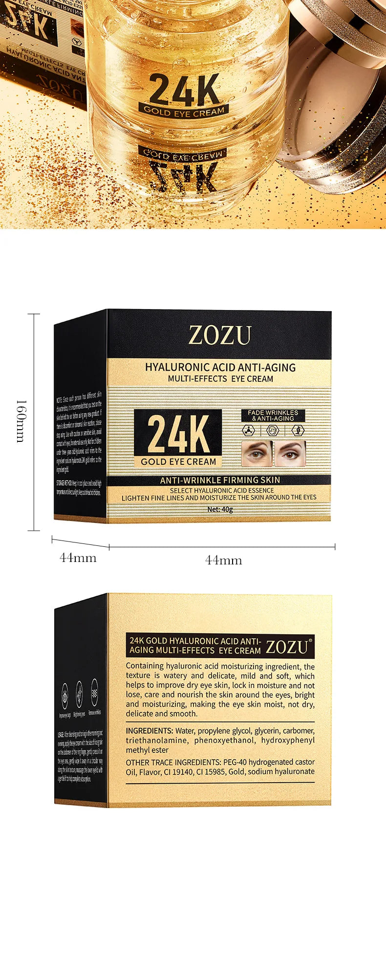 24k Gold Hyaluronsäure Augencreme Anti Augenringe Tränensäcke Straffende Feuchtigkeitsspendende Augen Hautpflege Produkte