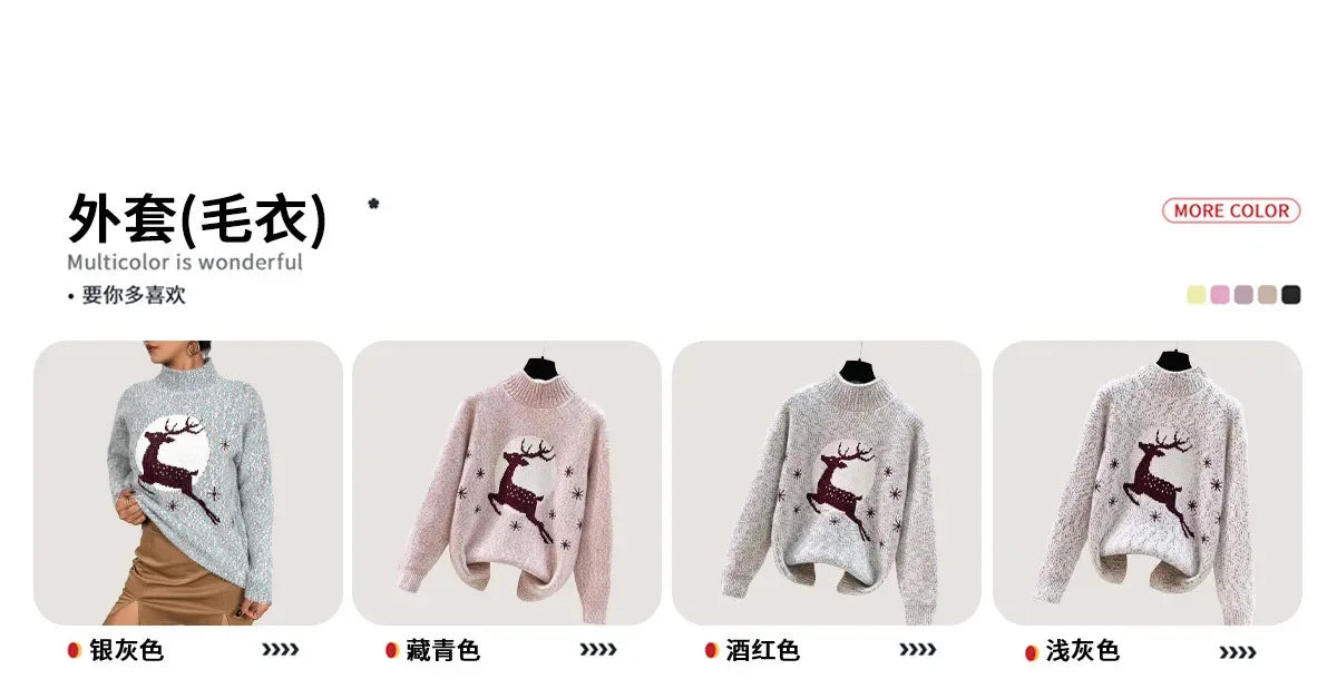 Vintage Herbstmode Damen Mittelhochgeschlossener Pullover mit Elch-Weihnachtsmotiv, Langarm-Sweater, Herbstkleidung für Frauen