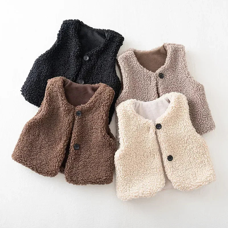 Neue Baby Lamm Wolle Plus Samt Weste Herbst Winter Mädchen Jungen Plüsch Weste Einreiher V-ausschnitt Kind Warme Mode Warme Mantel