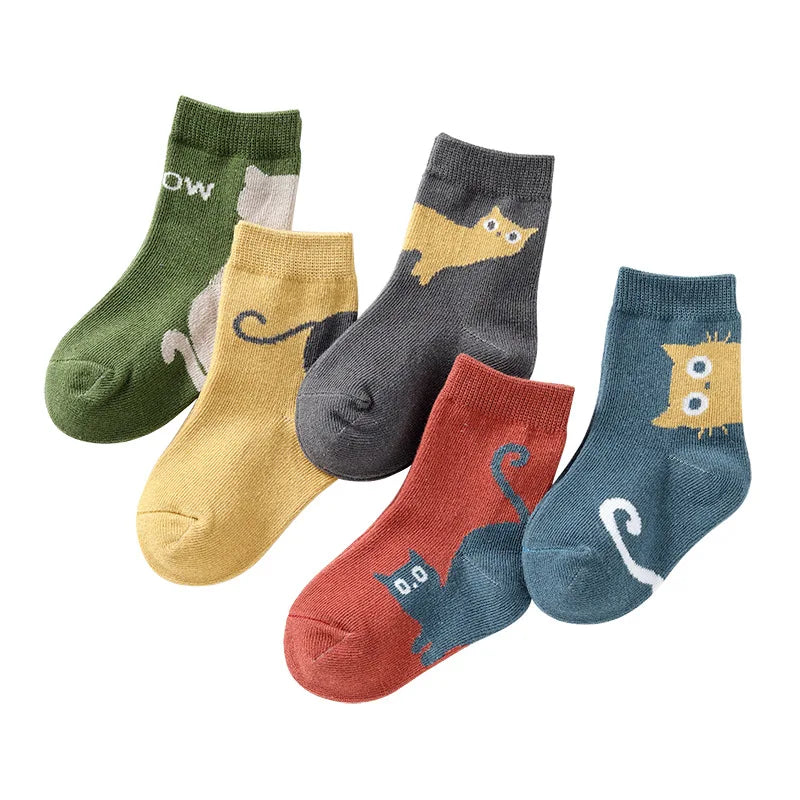 5/10 Paar Kindersocken Herbst Winter Mittellange Socken mit Cartoon-Katzenmuster Bequeme, atmungsaktive Kindersocken für Jungen und Mädchen