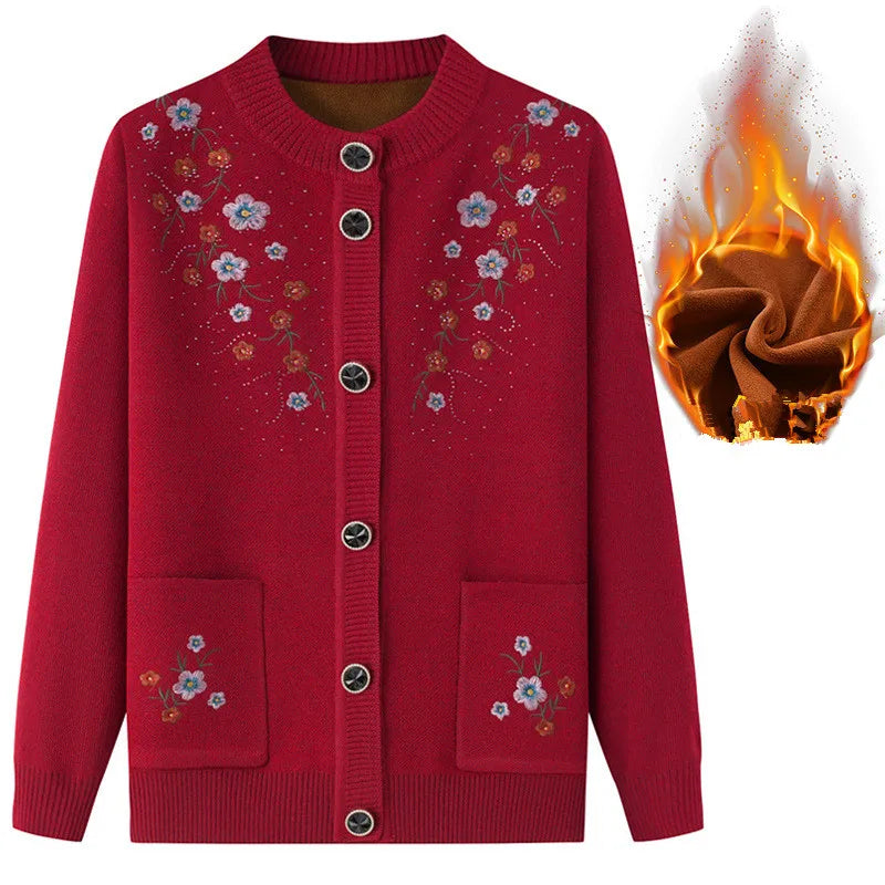 Frühling Herbst Top Frauen Ältere Mutter der Bestickt Gestrickte Pullover Oma Winter Plus Samt Dicke Strickjacke Mantel XL-4XL